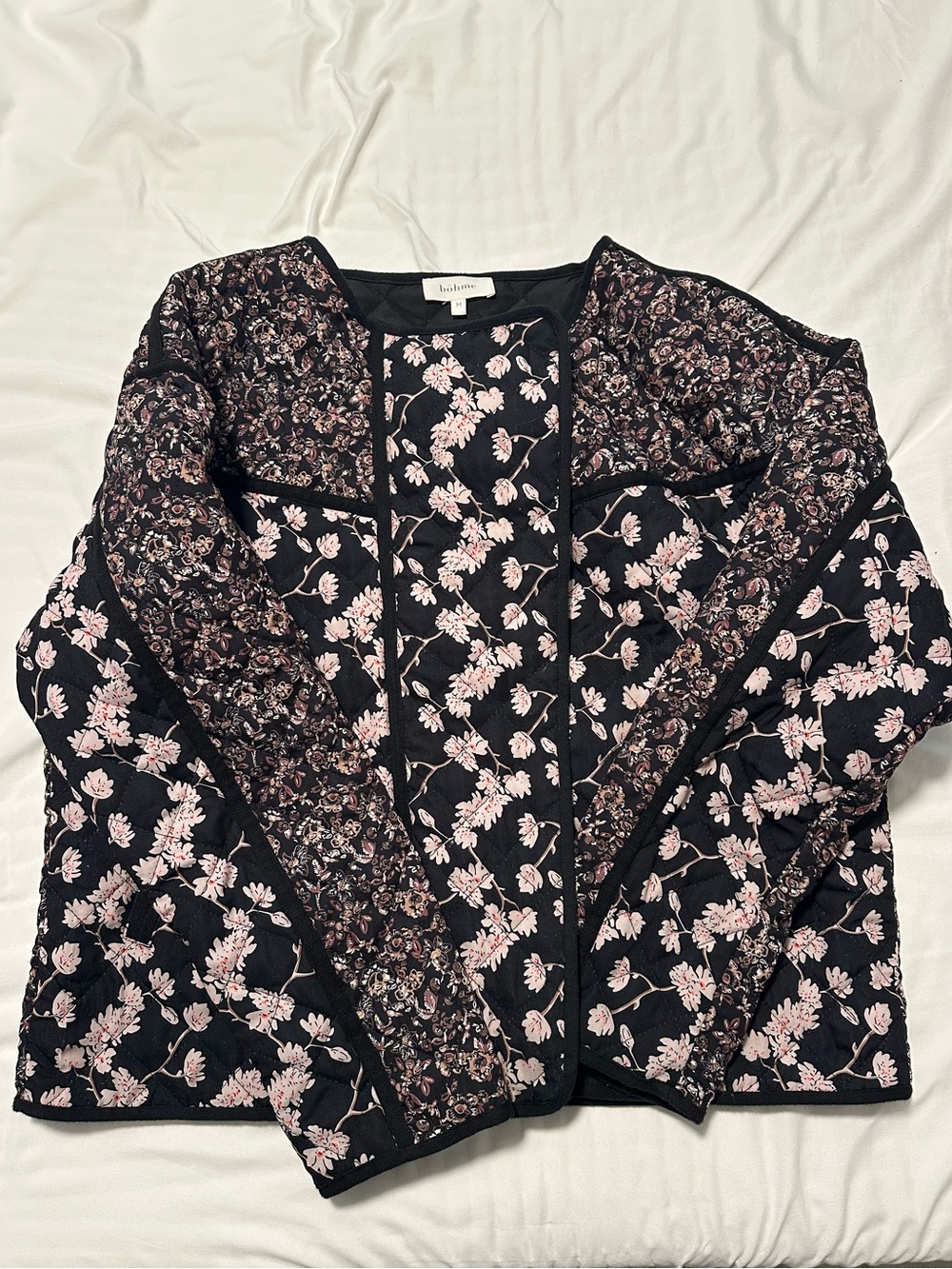 Bohme Quilted Floral Snap Bomber Jacket Women's M Black